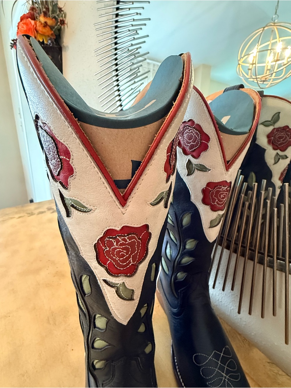 Tecovas Black Leather Women's Cowboy Boots with Red Rose Embroidery scarf. - Picture 12 of 16